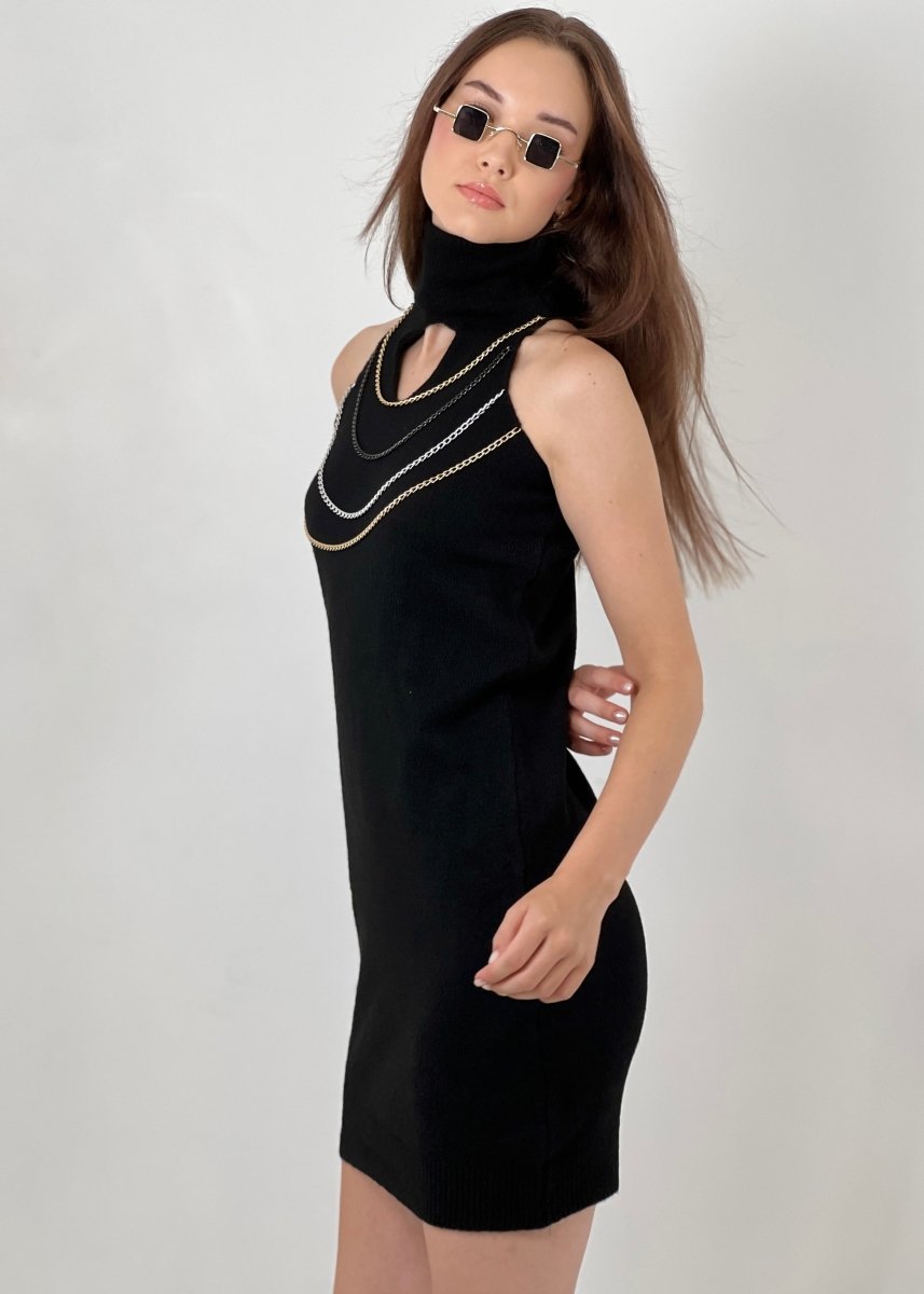 Gaiia High Neck Chain Knitted Dress - Black - GAIIA
